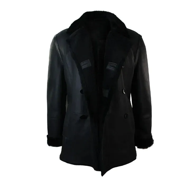 Black German Double-Breasted Leather Military Coat