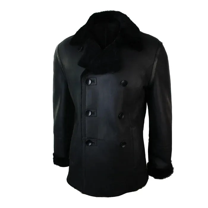 Black German Double-Breasted Leather Military Coat