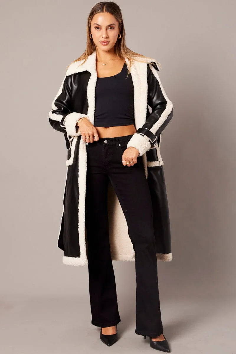 Black Long Coat Shearling Lined Faux Leather