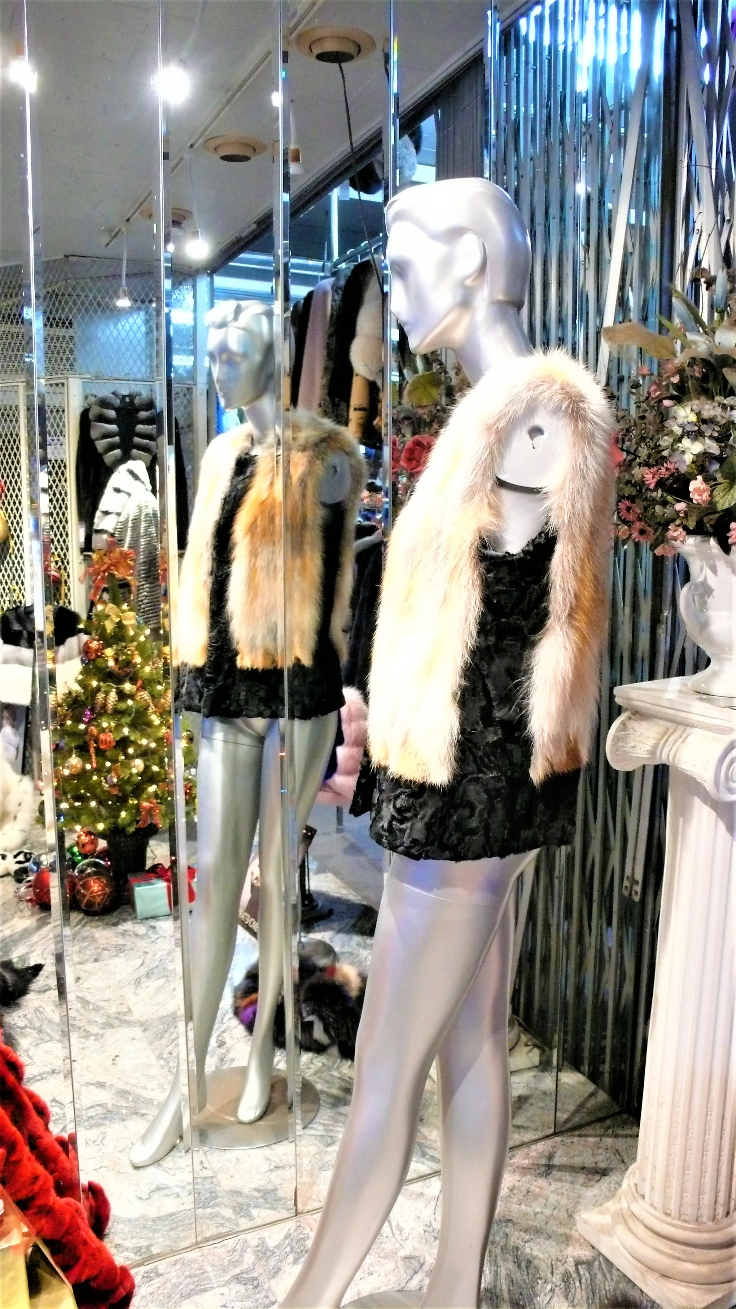 Black SWAKARA Fur Vest with Red Fox Fur Front Back Trim PREMIER FURS