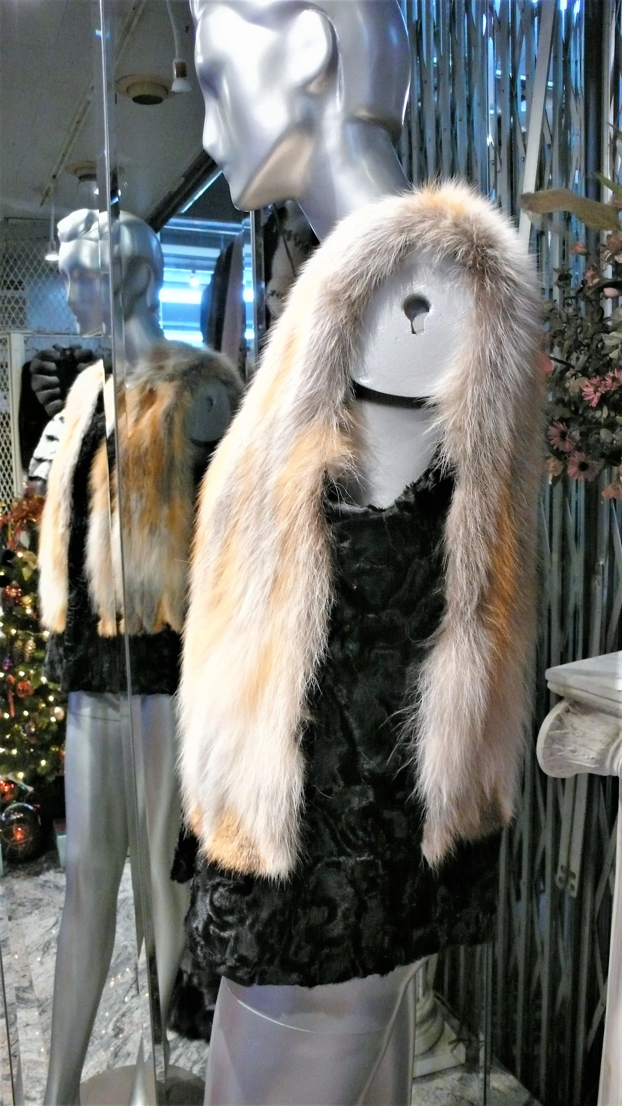 Black SWAKARA Fur Vest with Red Fox Fur Front Back Trim PREMIER FURS
