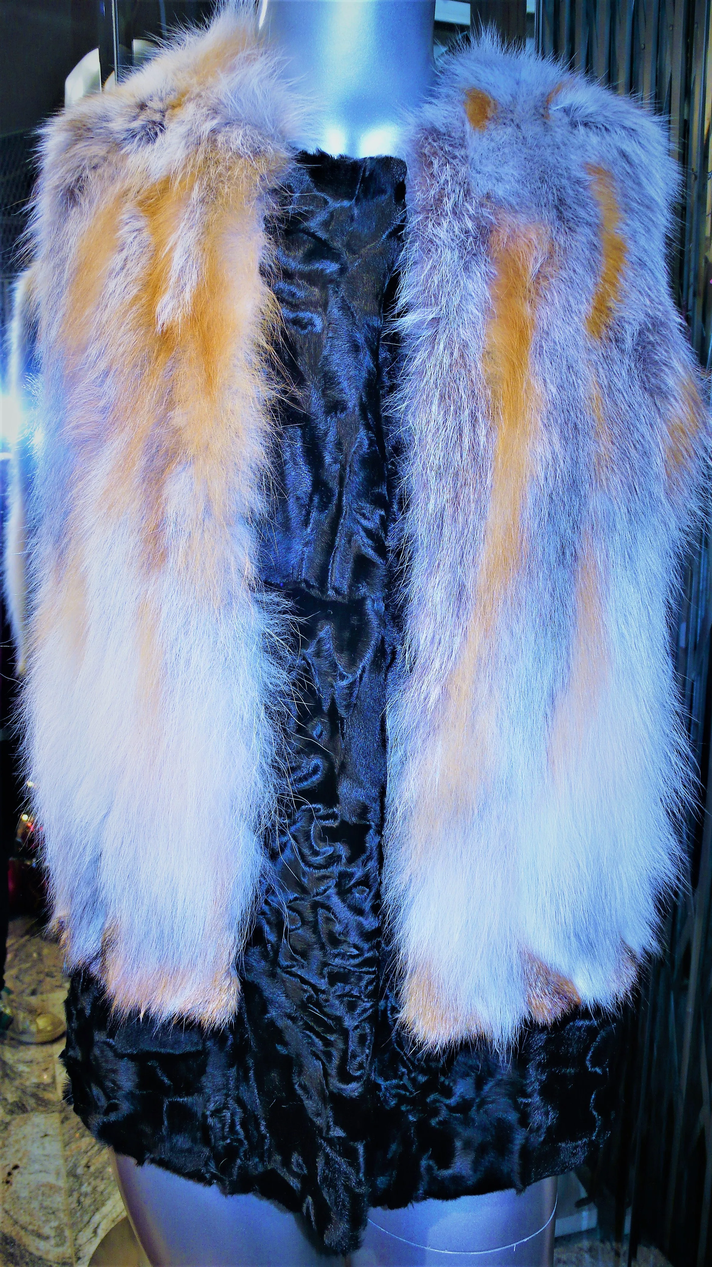 Black SWAKARA Fur Vest with Red Fox Fur Front Back Trim PREMIER FURS