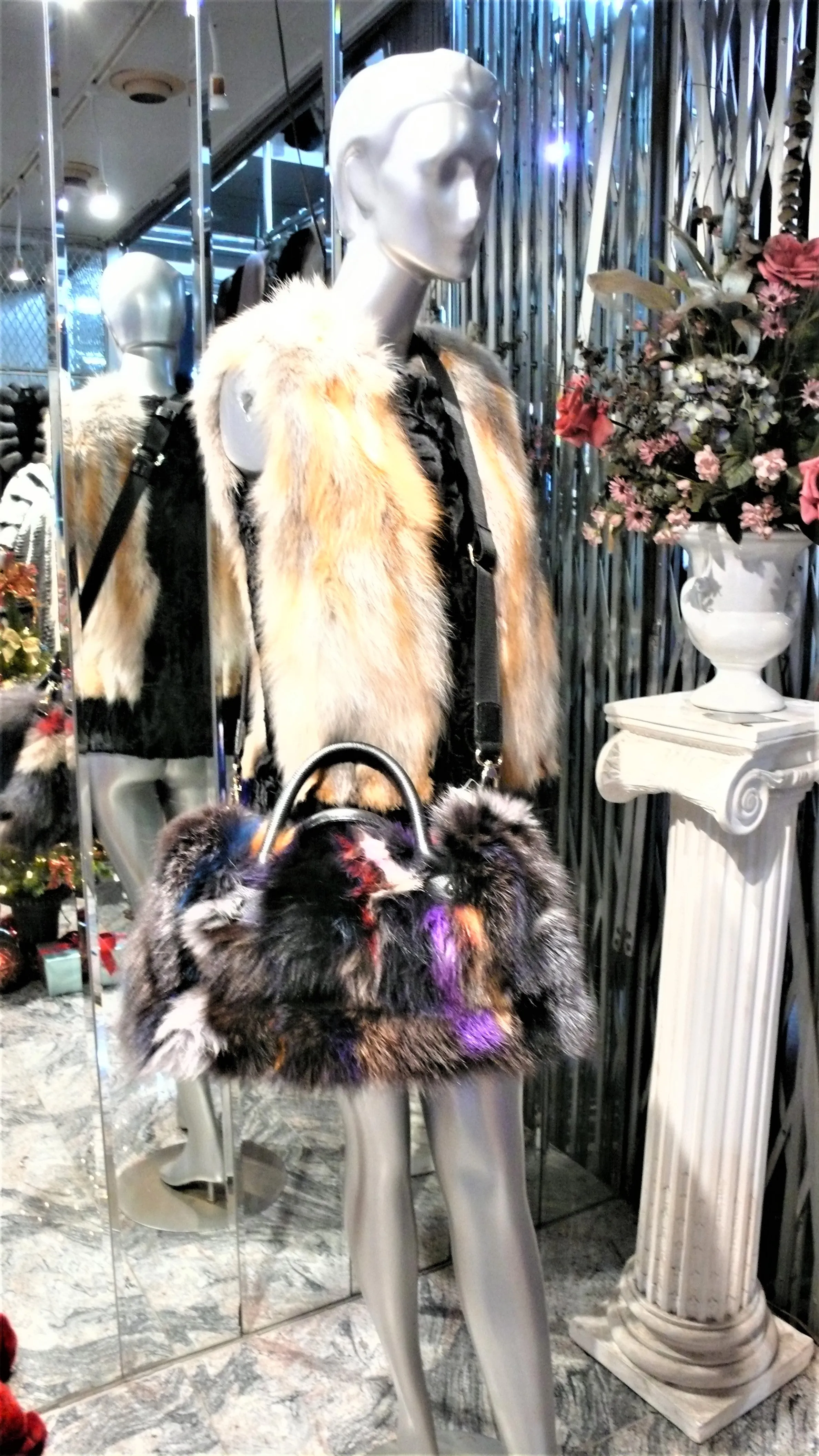 Black SWAKARA Fur Vest with Red Fox Fur Front Back Trim PREMIER FURS