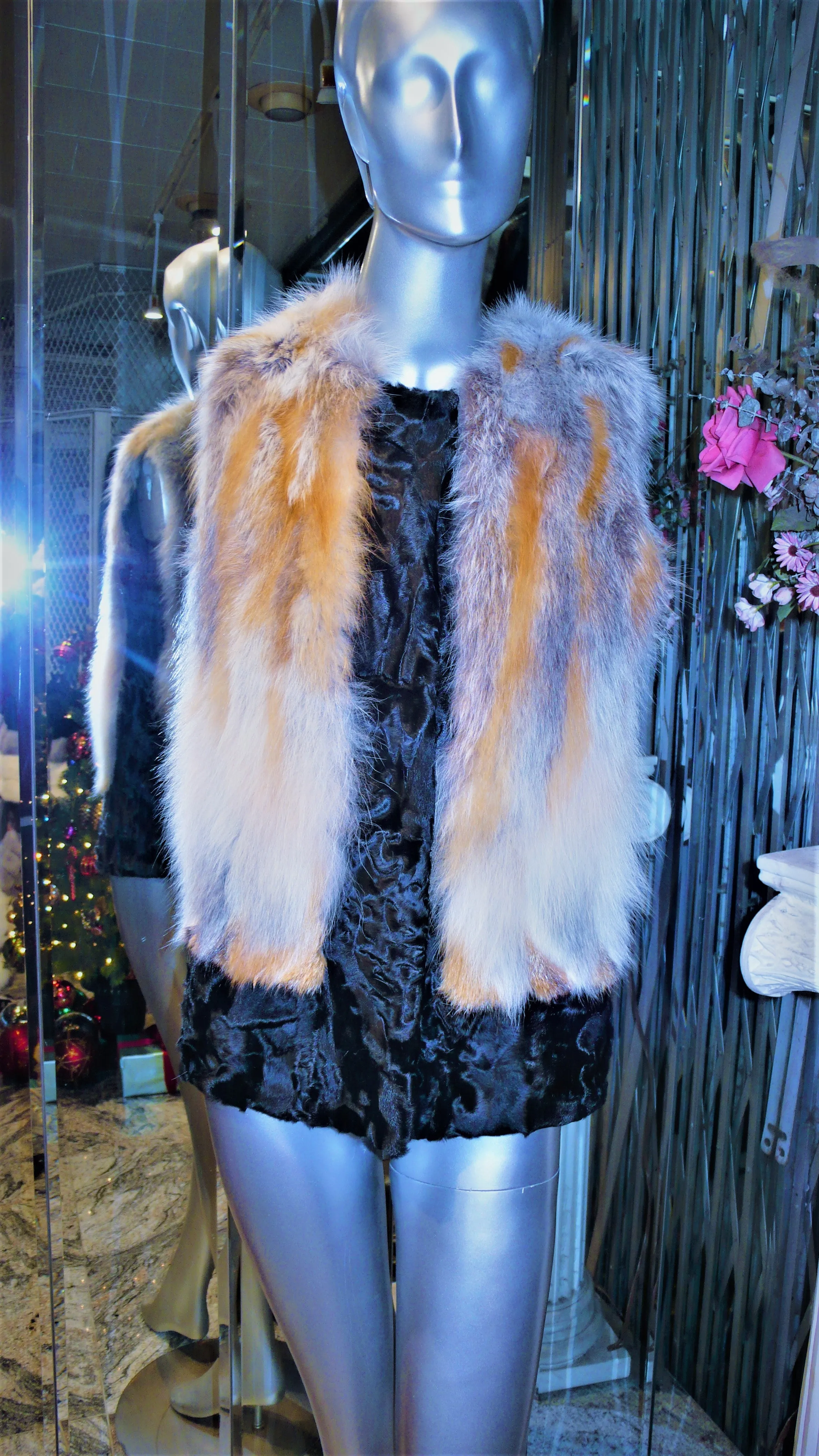 Black SWAKARA Fur Vest with Red Fox Fur Front Back Trim PREMIER FURS