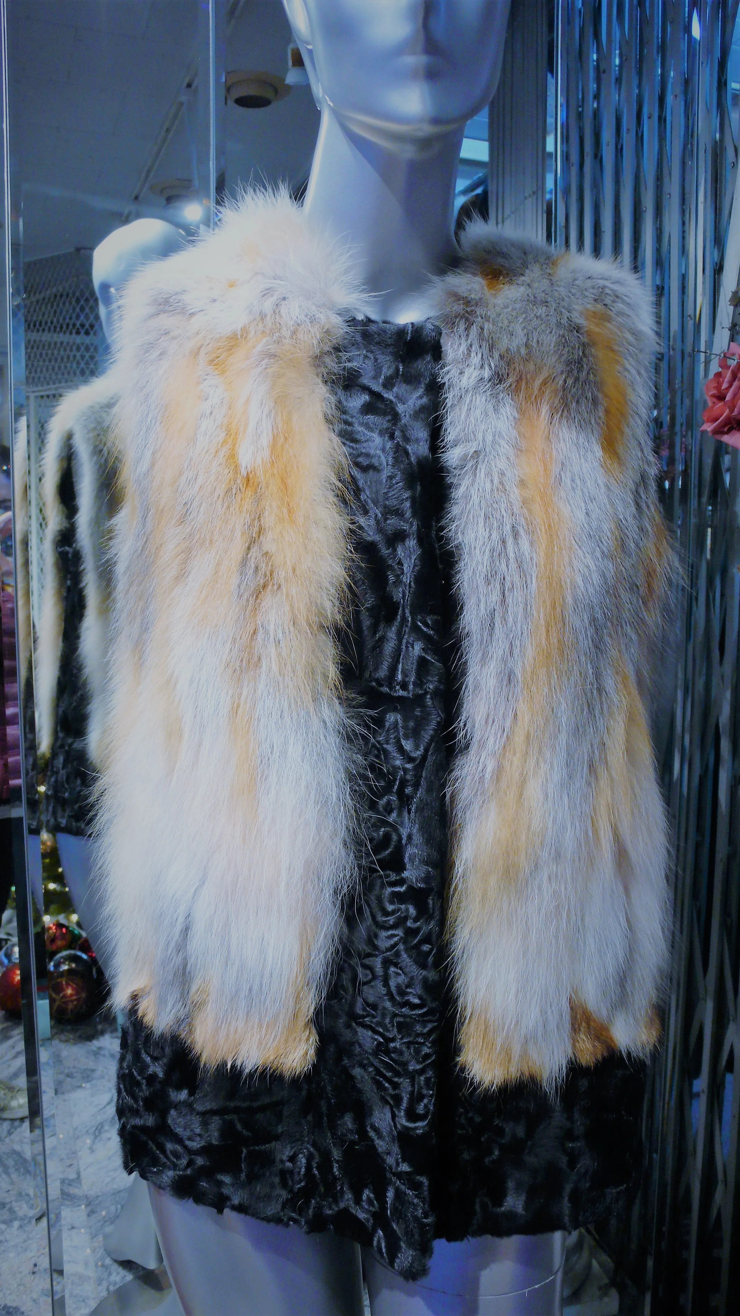 Black SWAKARA Fur Vest with Red Fox Fur Front Back Trim PREMIER FURS