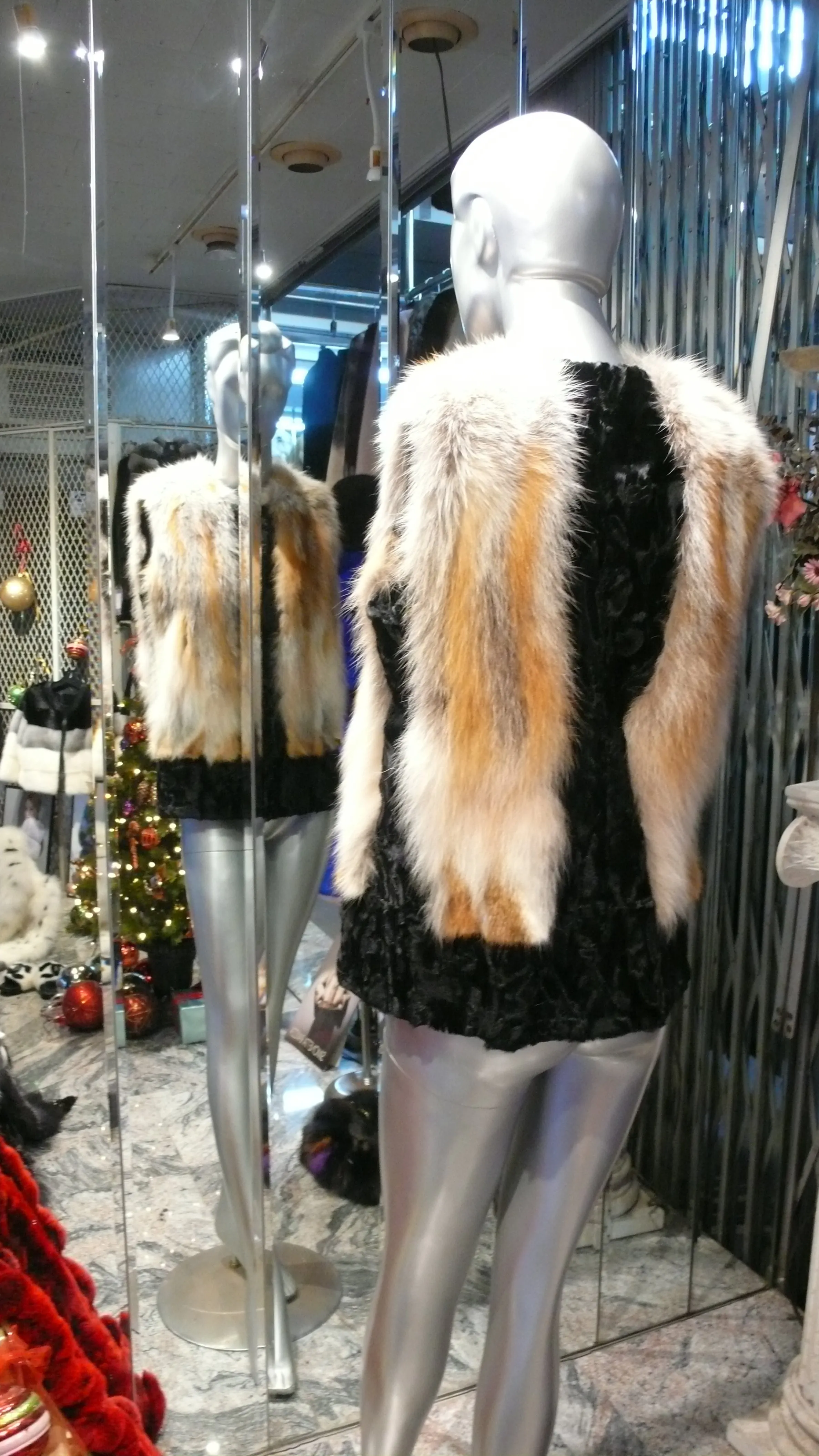 Black SWAKARA Fur Vest with Red Fox Fur Front Back Trim PREMIER FURS