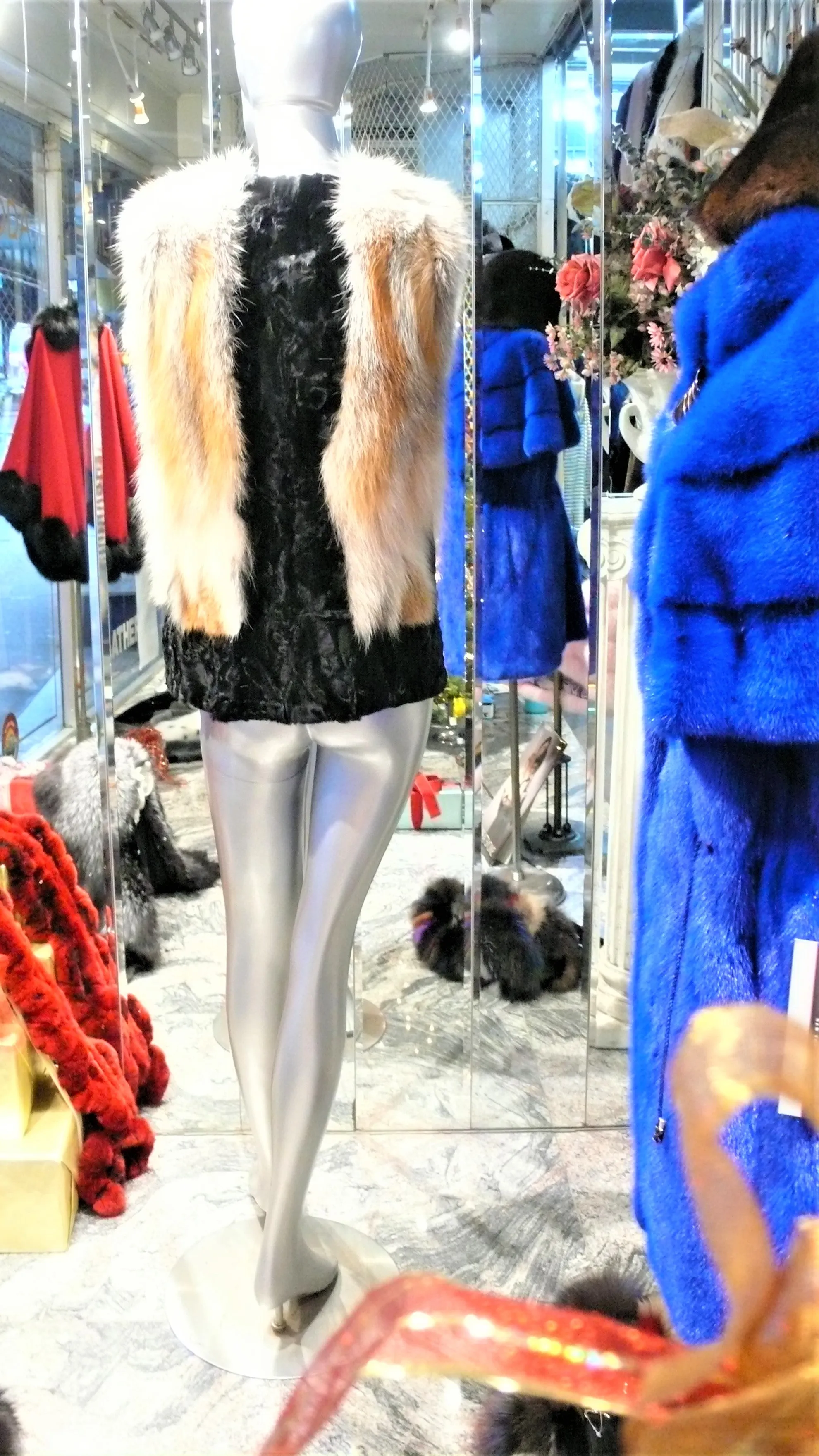 Black SWAKARA Fur Vest with Red Fox Fur Front Back Trim PREMIER FURS