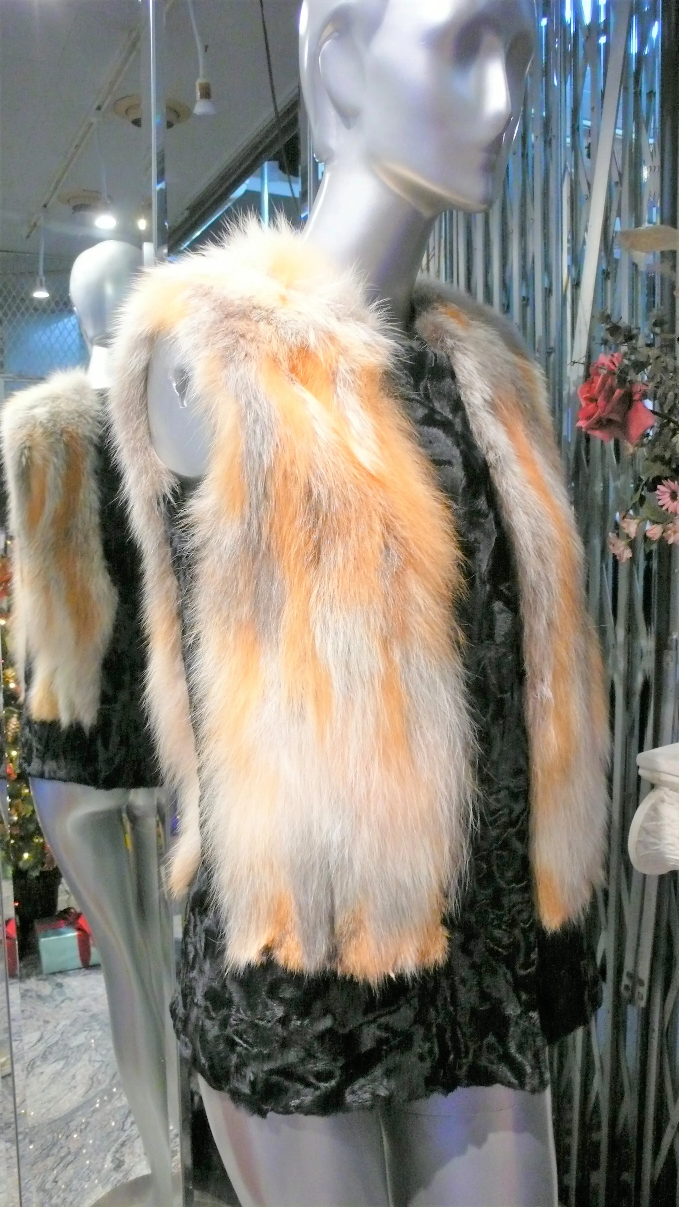 Black SWAKARA Fur Vest with Red Fox Fur Front Back Trim PREMIER FURS