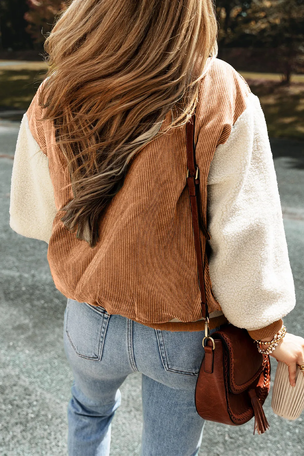 Blue Zone Planet |  Mist Green Corduroy Fleece Patchwork Buttoned Bomber Jacket