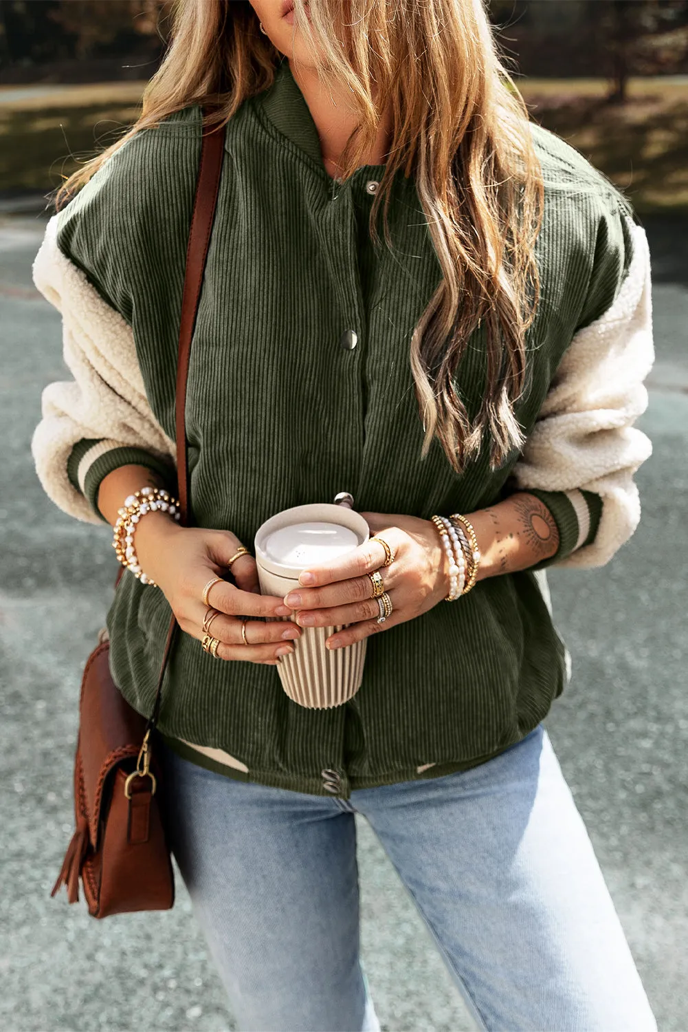 Blue Zone Planet |  Mist Green Corduroy Fleece Patchwork Buttoned Bomber Jacket