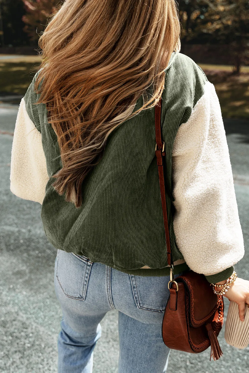 Blue Zone Planet |  Mist Green Corduroy Fleece Patchwork Buttoned Bomber Jacket