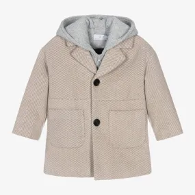 Boys Beige Hooded Herringbone Coat with Jersey Insert - Beige