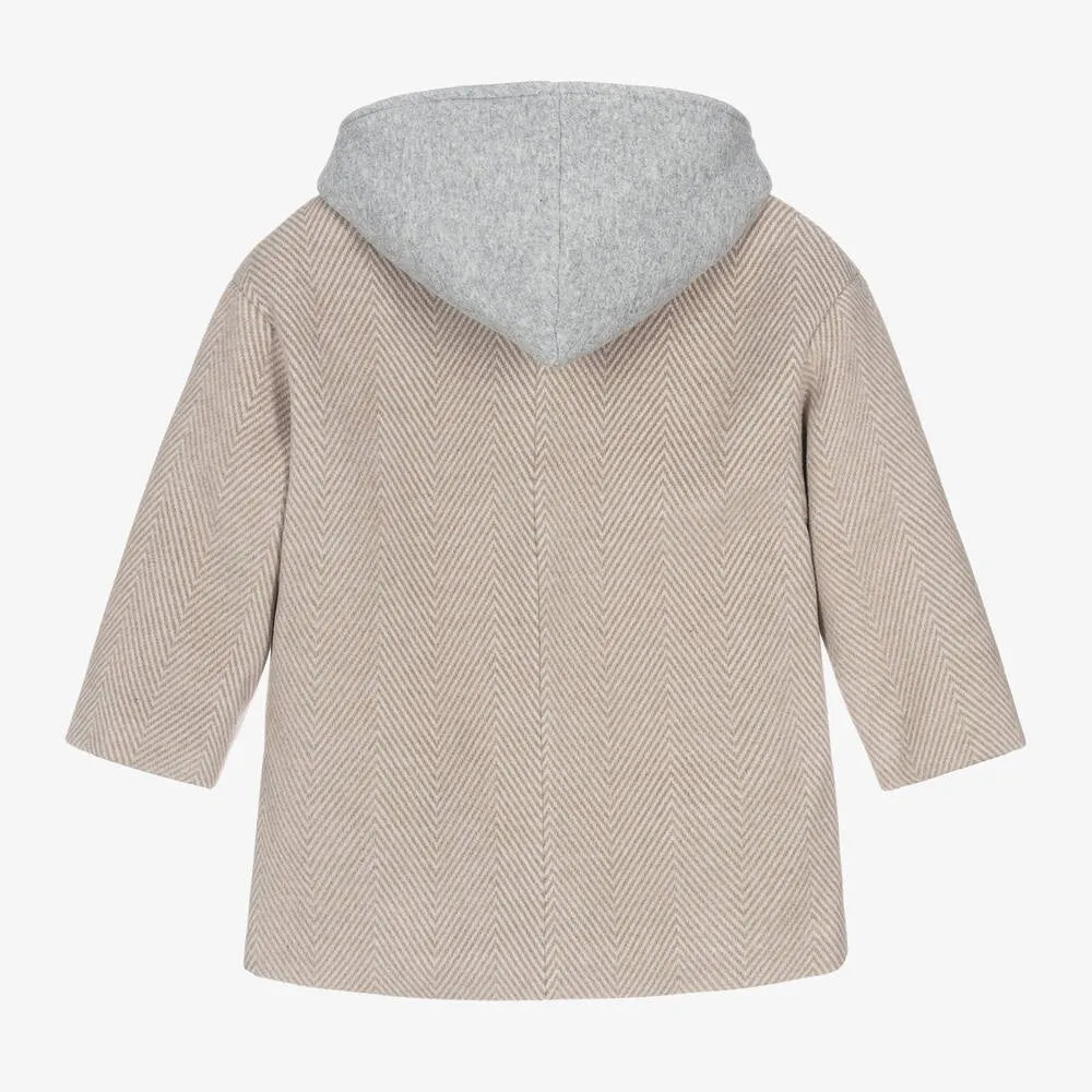 Boys Beige Hooded Herringbone Coat with Jersey Insert - Beige