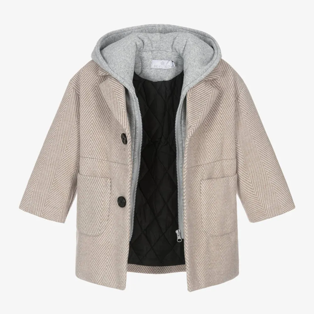 Boys Beige Hooded Herringbone Coat with Jersey Insert - Beige