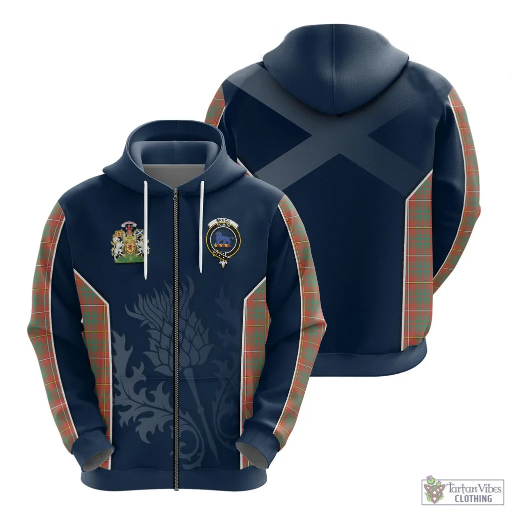 Bruce Ancient Tartan Hoodie with Family Crest and Scottish Thistle Vibes Sport Style