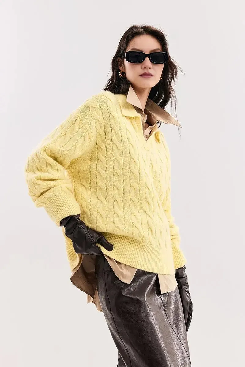 Cable-Knit Wool Blend Polo Collar Sweater