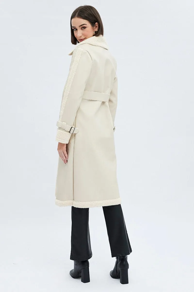 Camel Long Coat Shearling Lined Faux Leather