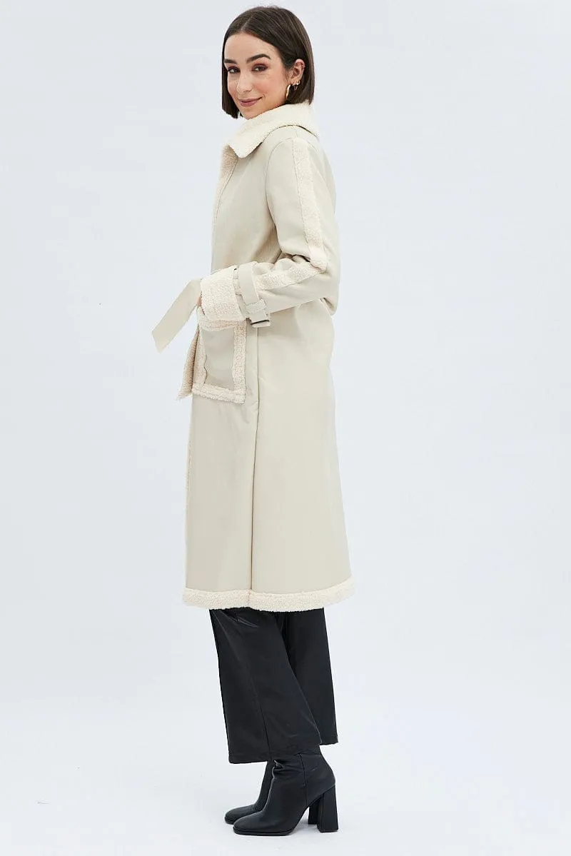 Camel Long Coat Shearling Lined Faux Leather