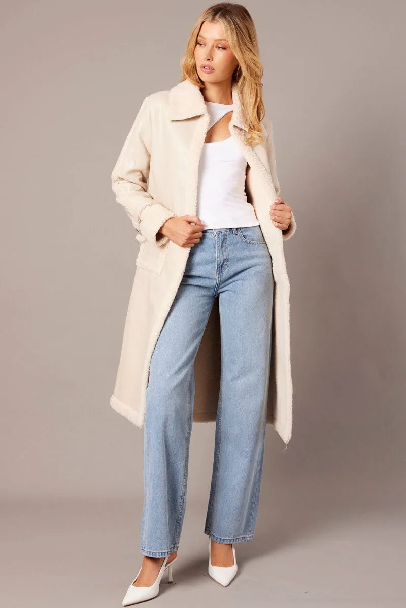 Camel Long Coat Shearling Lined Faux Leather
