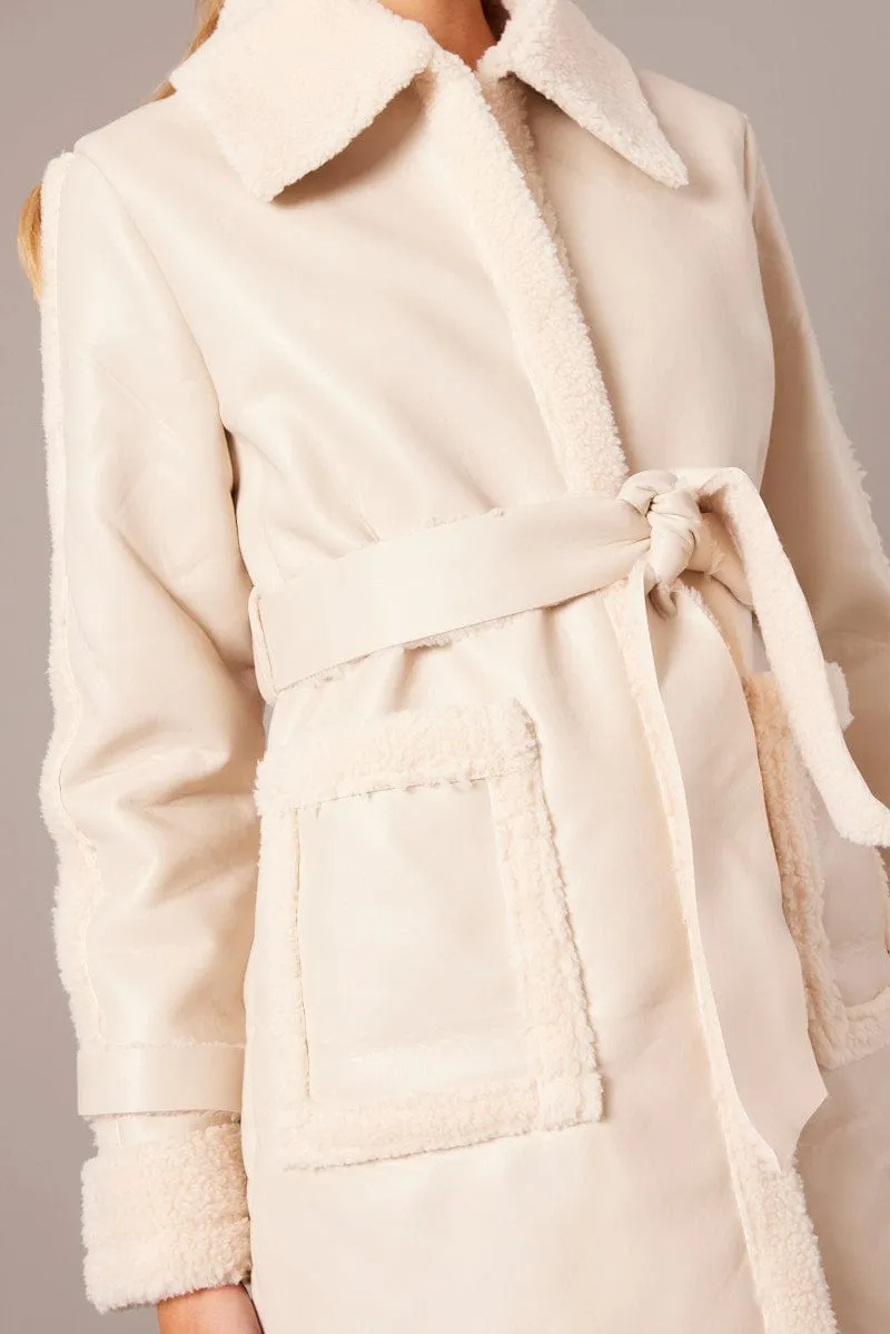 Camel Long Coat Shearling Lined Faux Leather