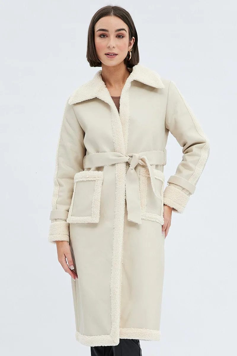 Camel Long Coat Shearling Lined Faux Leather