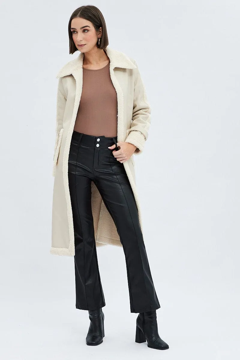 Camel Long Coat Shearling Lined Faux Leather