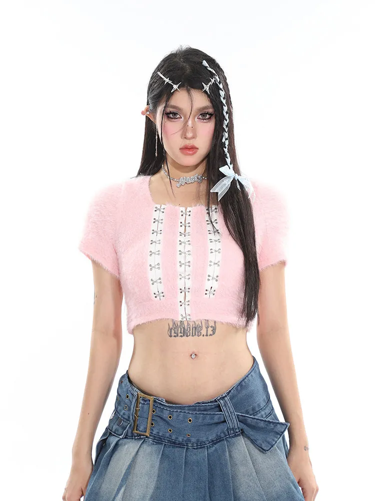 Chichi Contrast Color Fluff Fur U-neck Button-up Slim Short Sleeve Cropped Top