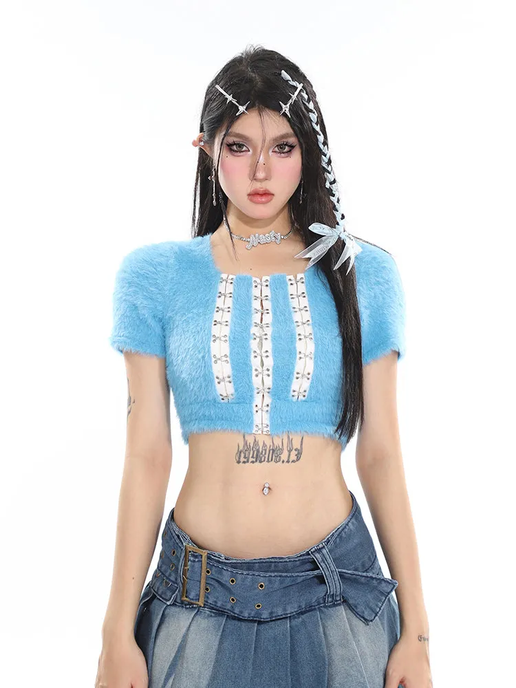 Chichi Contrast Color Fluff Fur U-neck Button-up Slim Short Sleeve Cropped Top