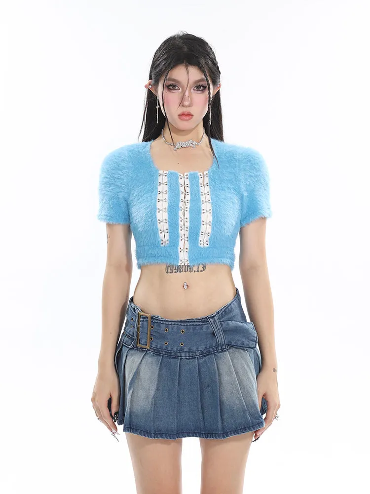 Chichi Contrast Color Fluff Fur U-neck Button-up Slim Short Sleeve Cropped Top