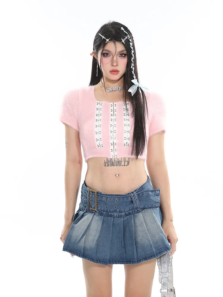 Chichi Contrast Color Fluff Fur U-neck Button-up Slim Short Sleeve Cropped Top