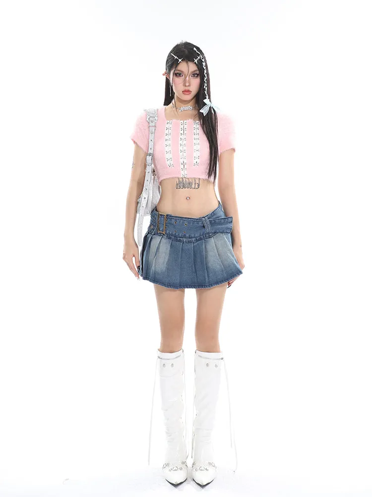 Chichi Contrast Color Fluff Fur U-neck Button-up Slim Short Sleeve Cropped Top