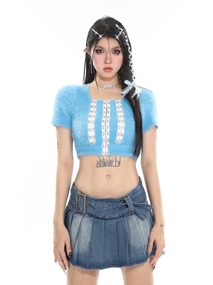 Chichi Contrast Color Fluff Fur U-neck Button-up Slim Short Sleeve Cropped Top