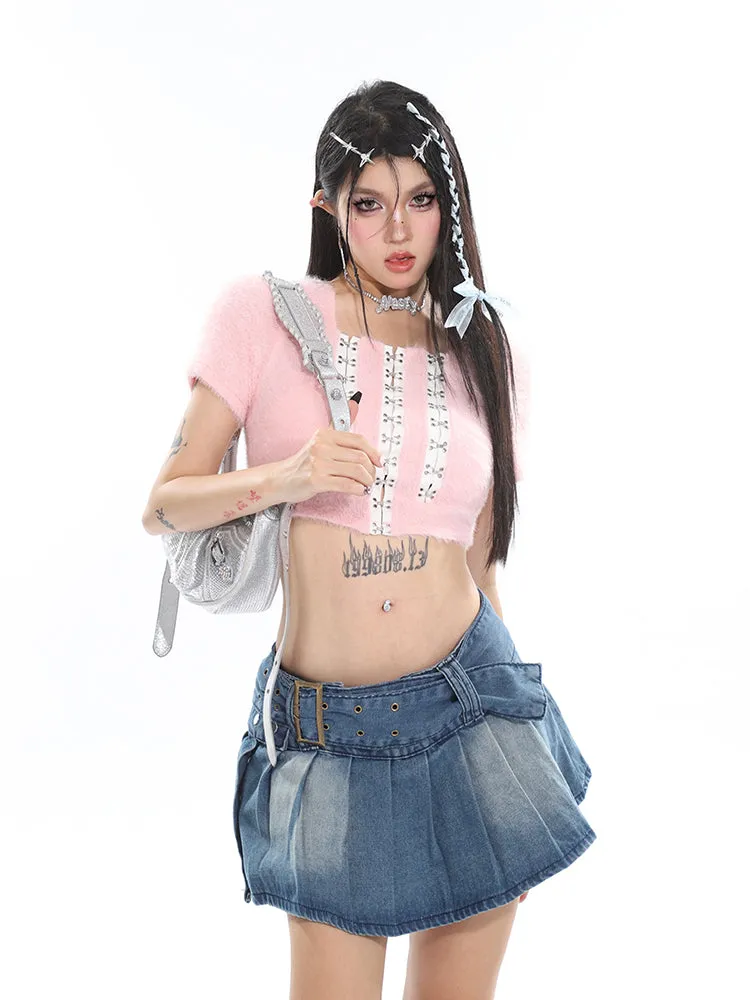 Chichi Contrast Color Fluff Fur U-neck Button-up Slim Short Sleeve Cropped Top