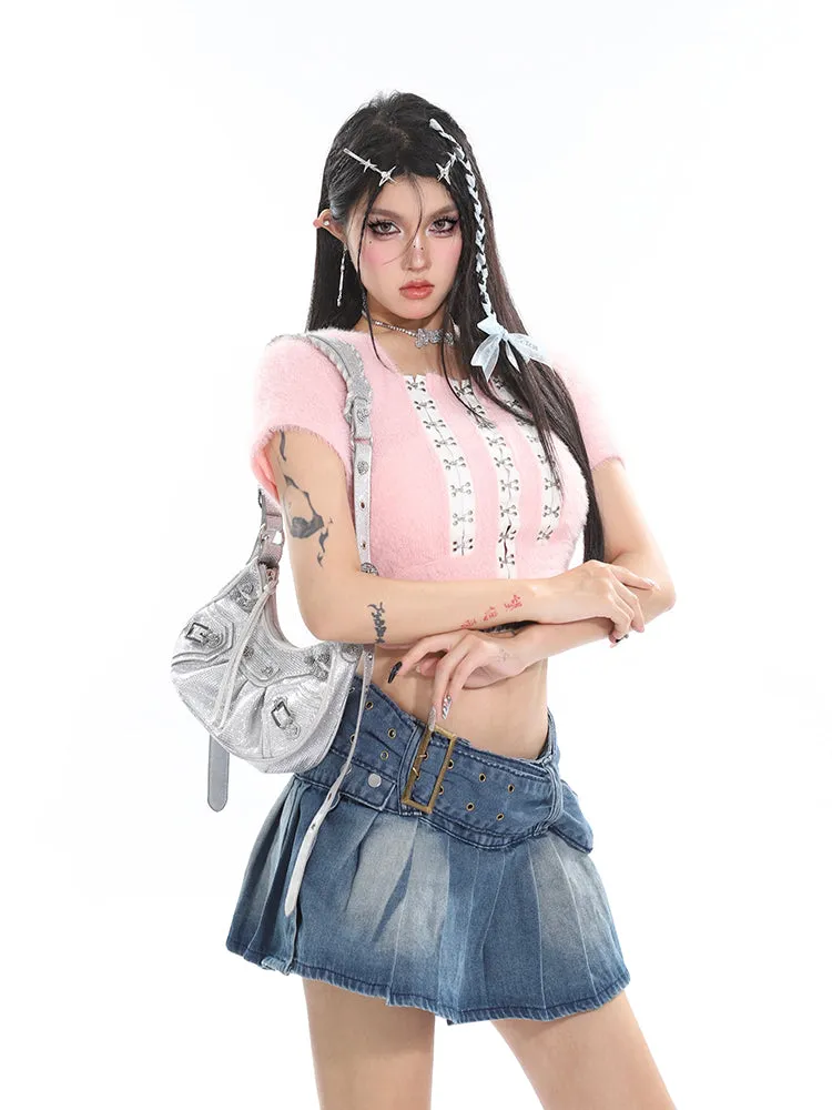 Chichi Contrast Color Fluff Fur U-neck Button-up Slim Short Sleeve Cropped Top
