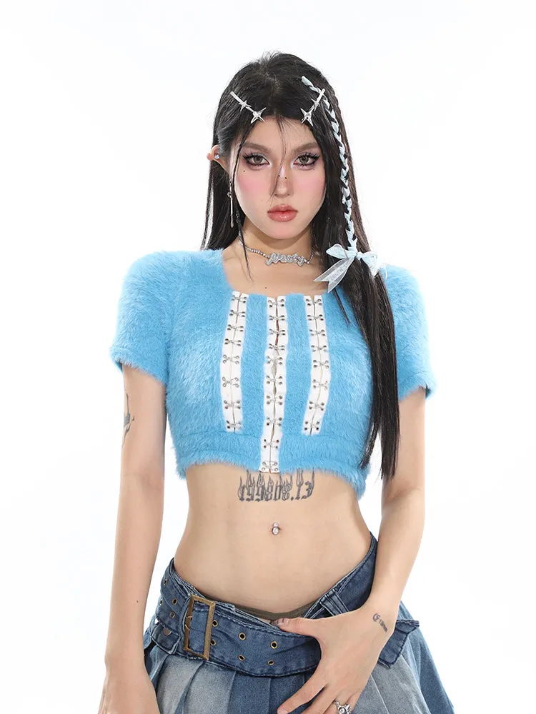 Chichi Contrast Color Fluff Fur U-neck Button-up Slim Short Sleeve Cropped Top
