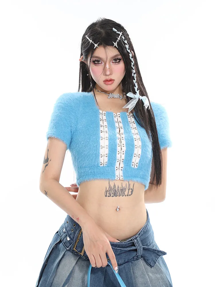 Chichi Contrast Color Fluff Fur U-neck Button-up Slim Short Sleeve Cropped Top