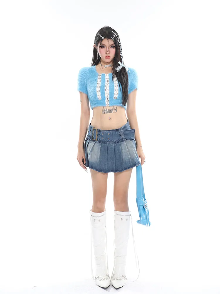 Chichi Contrast Color Fluff Fur U-neck Button-up Slim Short Sleeve Cropped Top