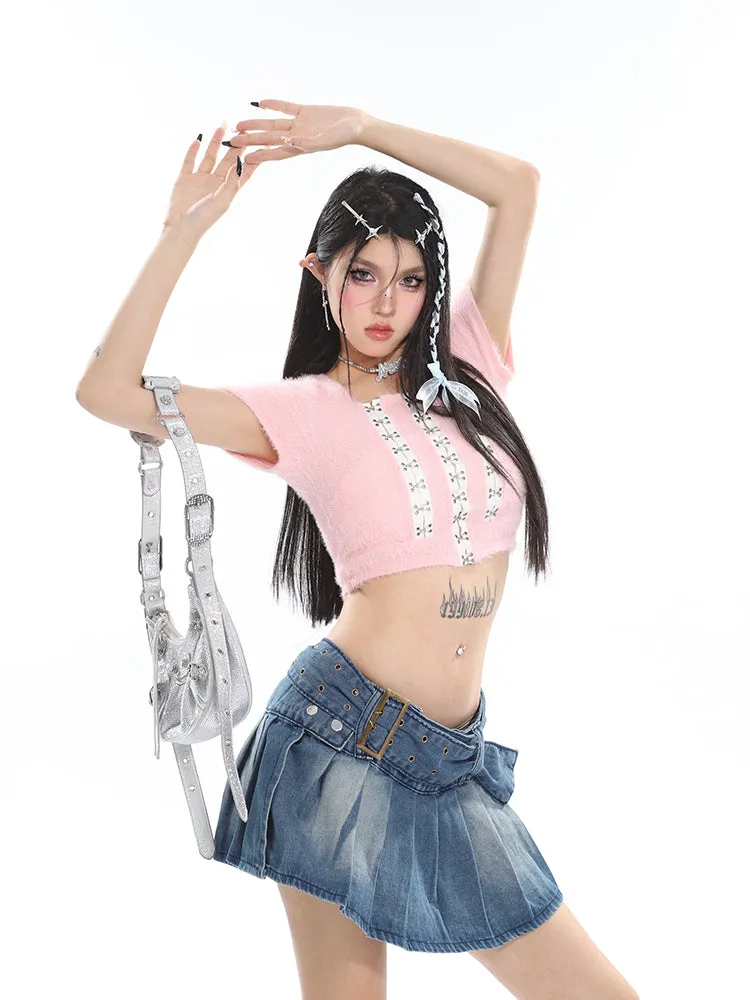 Chichi Contrast Color Fluff Fur U-neck Button-up Slim Short Sleeve Cropped Top