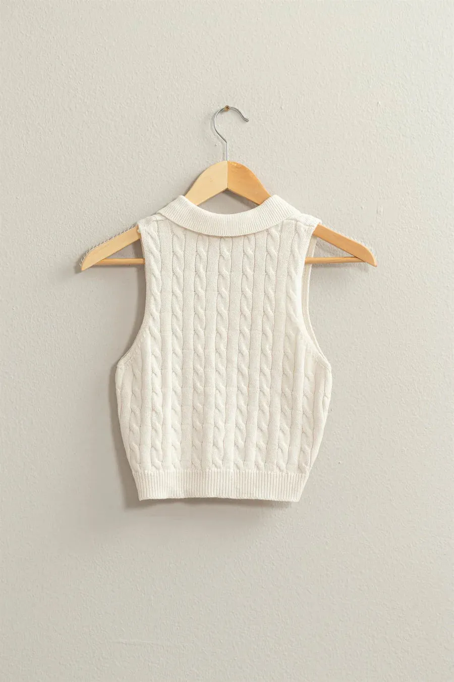 CREAM CABLE KNIT POLO TANK