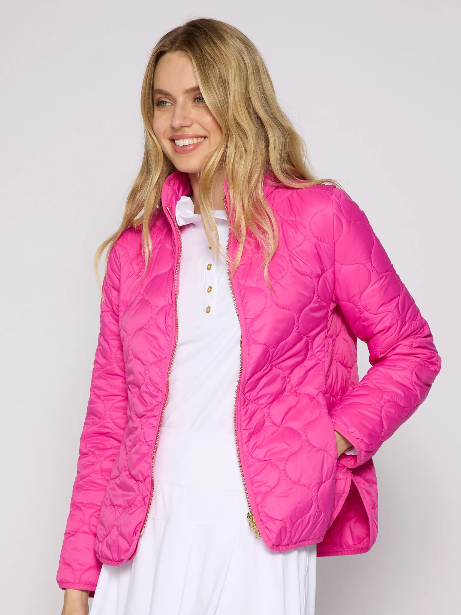 Double Zipper Padded Jacket In Hot Pink