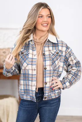 Dusty Blue and Taupe Plaid Fur Collar Jacket