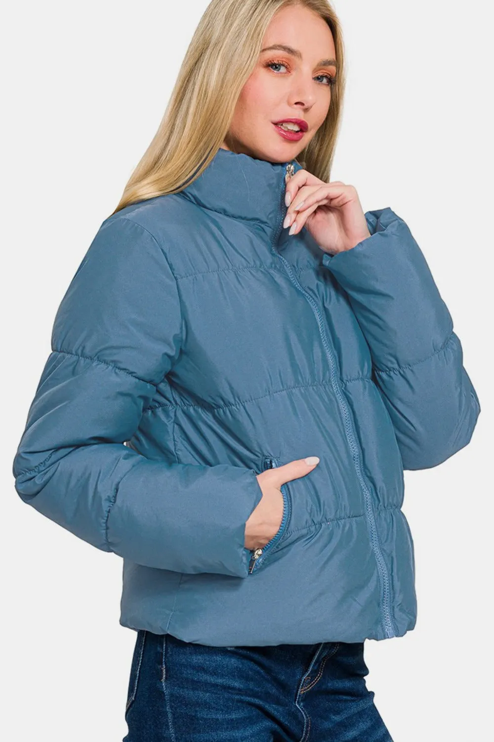 Dusty Blue Zip Up Turtleneck Puffer Jacket with Pockets