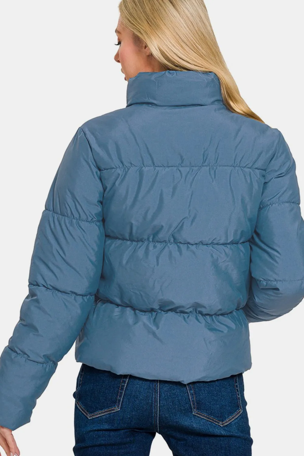 Dusty Blue Zip Up Turtleneck Puffer Jacket with Pockets
