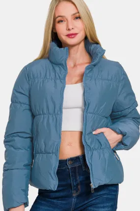 Dusty Blue Zip Up Turtleneck Puffer Jacket with Pockets