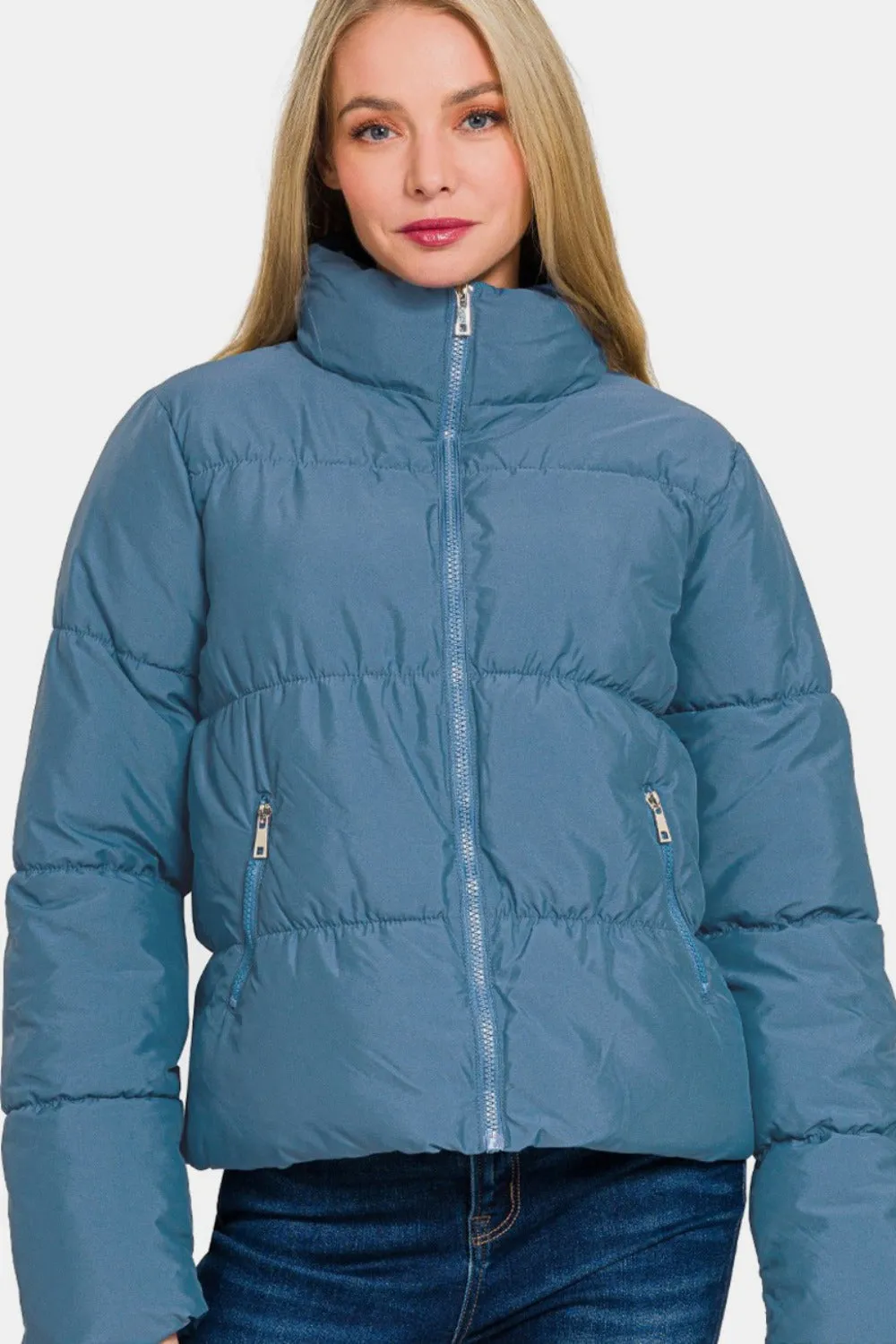 Dusty Blue Zip Up Turtleneck Puffer Jacket with Pockets