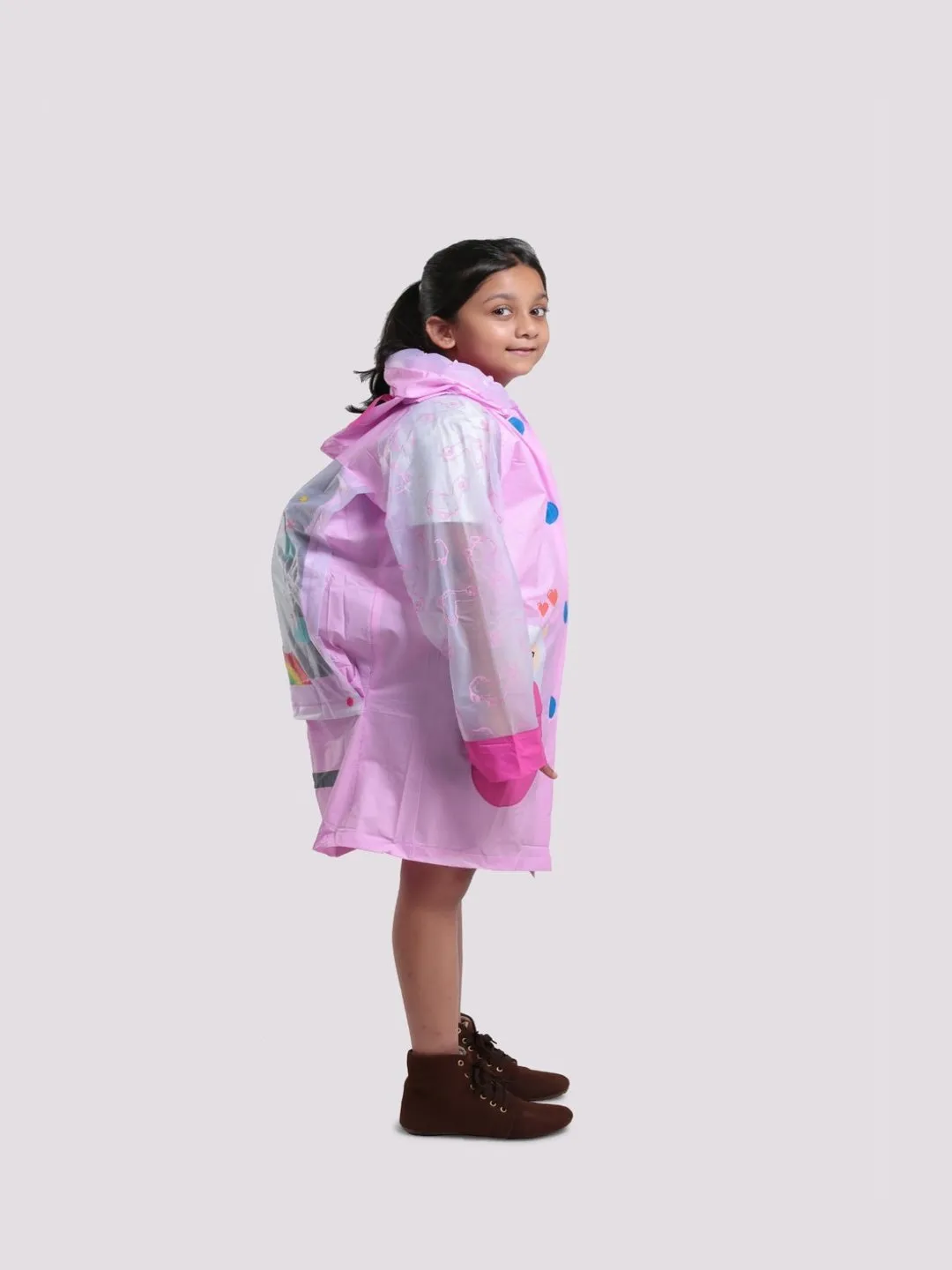 Enchanted Llama Pink Raincoat for Girls with Cute Ear Details and Colorful Pockets