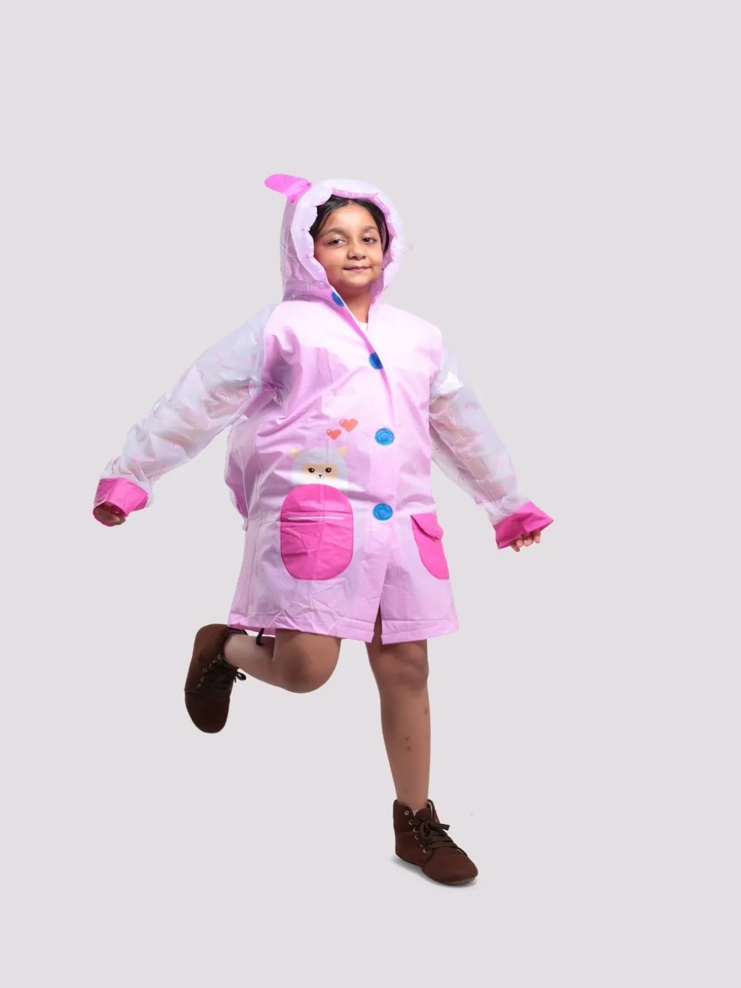 Enchanted Llama Pink Raincoat for Girls with Cute Ear Details and Colorful Pockets