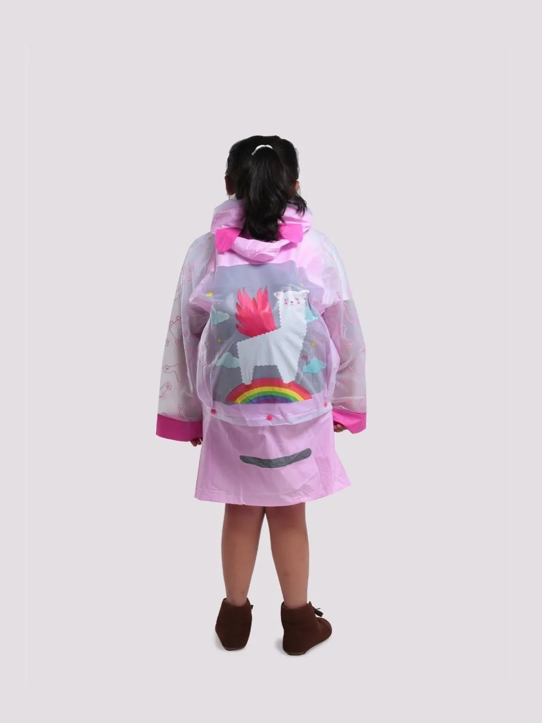 Enchanted Llama Pink Raincoat for Girls with Cute Ear Details and Colorful Pockets