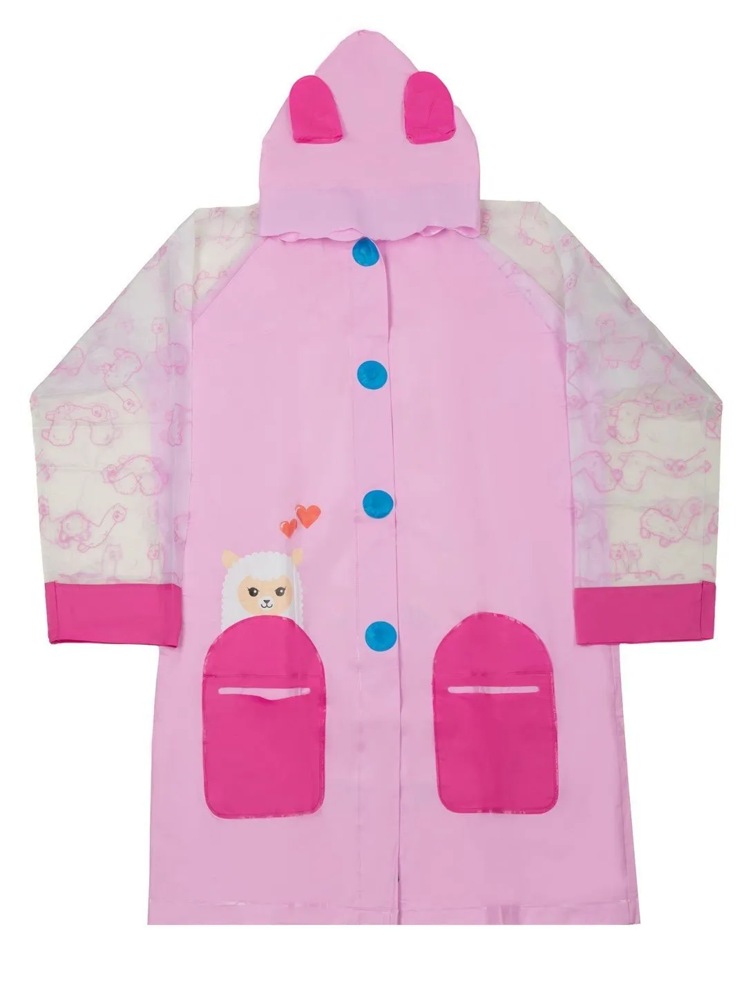 Enchanted Llama Pink Raincoat for Girls with Cute Ear Details and Colorful Pockets