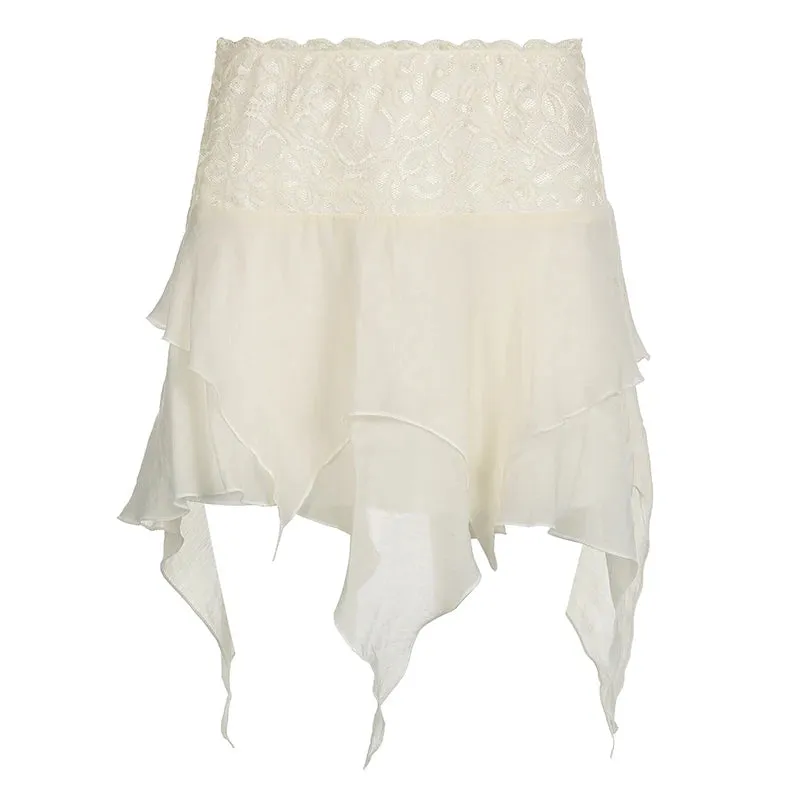 Fairycore Y2K Boho Frill Low Waist Mesh Skirt Women Vintage Outfits Irregular Summer Mini Skirts Lace Trim Vacation